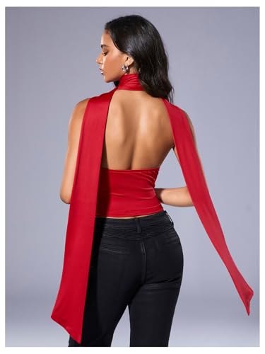 SOLY HUX Sexy Tops for Women Going Out Halter Scarf Crop Top Deep V Sleeveless Backless Vest Party Clubwear2
