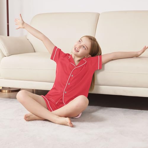 ODAWA Alizarin Crimson Satin Pajama Sets Button Down Soft Lightweight 2 Pieces Sleepwear 5-6Y4