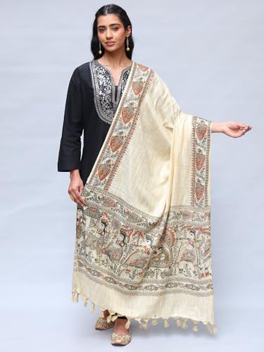 Women's Khadi Cotton Shawl with Madhubani Art Print | Beautiful Design Soft Weave Stole, Scarf for Girl3
