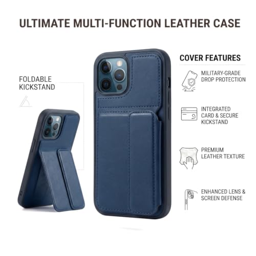 Image of amazon basics Luxury Vegan Leather Back Cover for iPhone 16 Pro Max | Built-in Card Holder Slot | Integrated Mobile Stand | Slim Shockproof Protective Case with Stitched Finish - Blue