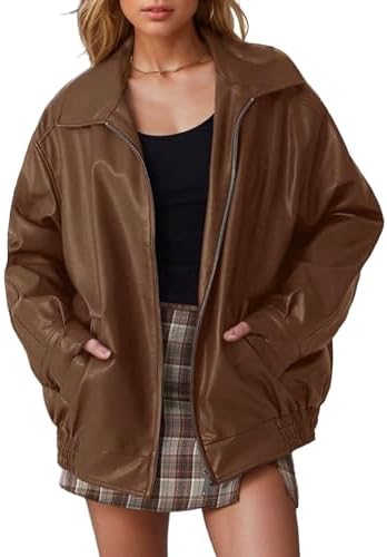 Leather Jacket Women Oversized Faux Motorcycle Bomber Jackets Fall Fashion Outfits 2024 Winter Clothes with Pocket