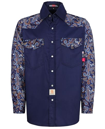 BOCOMAL FR Shirts Pearl Snaps Two Tone Plaid/Solid Flame Resistant Cotton Welding Shirt NFPA 2112 CAT 2