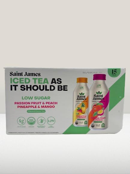 Saint James Organic Tea, Passion Fruit Peach & Pineapple, 15.9 fl oz Bottle – Low Sugar, USDA Organic, Refreshing Tropical Iced Tea Beverage