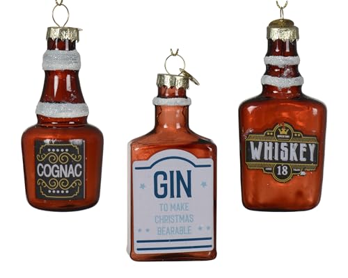 Kaemingk Christmas Tree Decorations Spirits Glass 9 cm - Set of 3 Figures for Hanging Christmas - Christmas Tree Pendant & Christmas Tree Decoration - Alcohol Bottles Brown