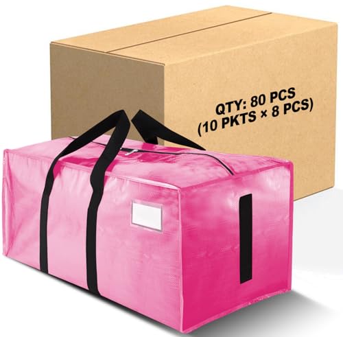 Image of 80 Pack Large Strong Moving Bags with Zippers & Carrying Handles - Water-Resistant - Heavy Duty Storage Tote for Space Saving, Fold Flat, Alternative to Moving Box (Pink)
