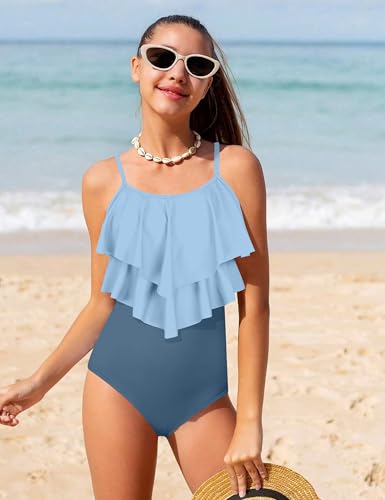 Image of Girls Swimsuit Color Block One Piece Swimsuit 2-Tiered Ruffle Bathing Suit Adjustable Strap Girls' Swimwear 7-16Y