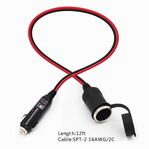 Image of SPARKING 12FT Car Cigarette Lighter Extension Cord 12FT - Male Plug to Female Socket 16AWG Heavy Duty Extension Cable with LED Lights Power for Tire Pump, Air Compressor (12FT)