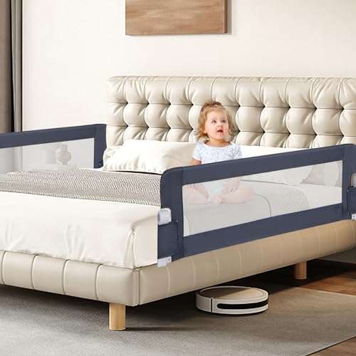 Image of BABY JOY Double Sided Bed Rail Guard, 2 Pack, Extra Long, Swing Down for Convertible Crib, Folding Baby Safety Bedrail for Kids Twin Full Size Queen King Mattress, Rails for Toddlers (Dark Blue, 60 inch)