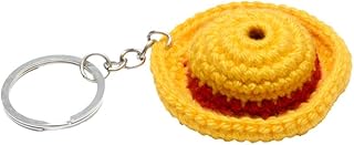 قبعة قش كروشيه صفراء، ميدالية مفاتيح مصنوعة يدوياً، خيط صوف عالي الجودة، تصميم وجه مبتسم، قابلة للغسل، إكسسوار حقائب