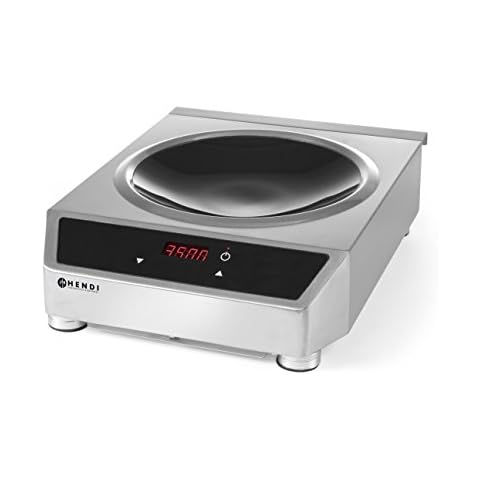 HENDI Induktionswok, für HENDI Wokpfanne 239773, Kochplatte, Kochfeld, mit einfach zu reinigendem Fettfilter, Digitale Regelung von Leistung, 230V, 3500W, 340x450x(H)120mm, Edelstahl Cover