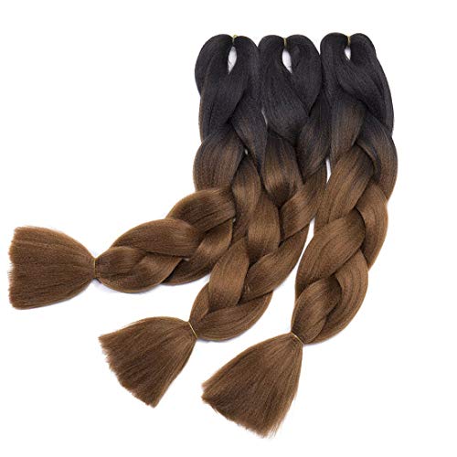 Seyada 3 Pcs /300g 24'' Braiding Hair Extensions Two Ombre Braiding Hair Synthetic Braid Hair Extensions (Black-Light brown)