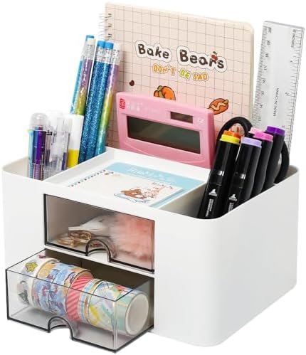 Kaishuai Schreibtisch Organizer Mit 15 Fächern - Stiftehalter Mit Schublade & Buchhalter, Weiß