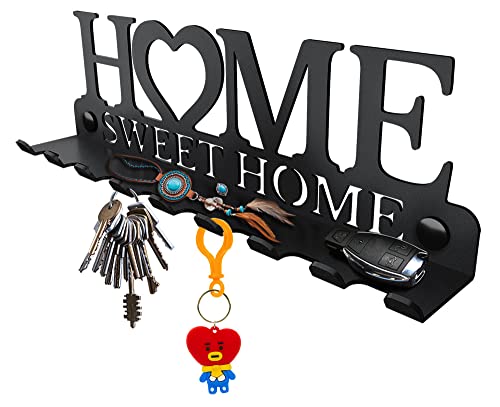 SirHoldeer Home Sweet Home Porte-clés mural avec plateau porte-lettres - support décoratif avec 9 crochets - acier inoxydable facile à monter Noir 270 x 96 mm Cover