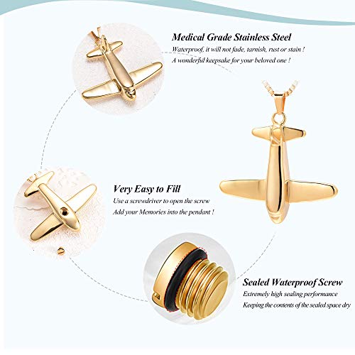 Xsmzb Cremation Jewelry For Ashes Airplane Pendant Necklace Stainless Steel Keepsake Memorial Urn Jewellery For Women/Men (Gold) #TOP2