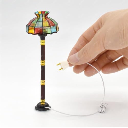 iLAND Dollhouse Accessories of Dollhouse Lights Mosaic Lattice Floor Lamp w/Plug, Vintage Stained Glass Lamp Mini House Lighting Fits 1/12 Scale Miniature Furniture Decor in Living Room, Bedroom ‎