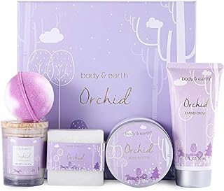 BODY & EARTH Luxury Gifts for Women, 5 Pcs Orchid Bath Spa Gift Set Includes Scented Candle, Body Butter, Hand Cream, Gifts for Pregnant Women, Birthday Gift Sets for her, Mothers Day Gift