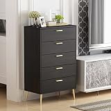 AGOTENI 5 Drawer Dresser-Black Chest of Drawers with Golden Handles,Contemporary Mid-Century Solid W