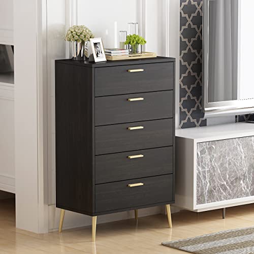 Agoteni 5 Drawer Dresser-Black Chest Of Drawers With Golden Handles,Contemporary Mid-Century Solid Wood Tall Dressers For Bedroom,Organizer Units For Living Room #TOP8