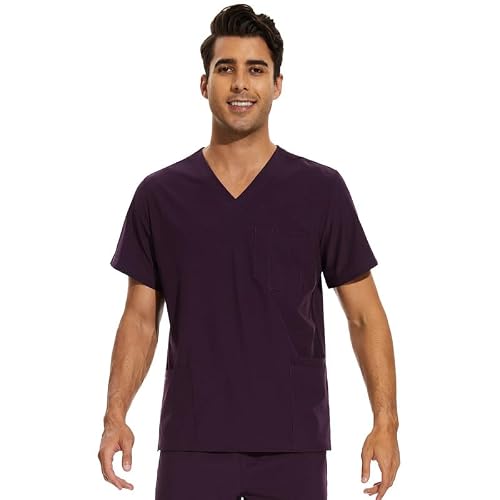 COZY SCRUBS Scrub Top for Men - Stretch V-Neck Scrubs with 3 Pockets, Anti-Wrinkle (Previously COZYFIT) - Dark Purple, L