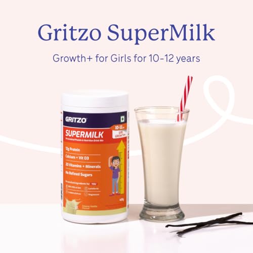 Image of Gritzo SuperMilk Growth+ (10-12y Girl), Creamy Vanilla, 400g | 12g Protein with 20 Vitamins & Minerals | Zero Refined Sugar