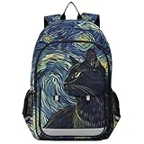 senya Van Gogh Starry Sky Black Cat Backpack Water-Resistant Bag Lightweight Bookbags with Reflective Strip