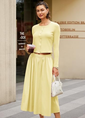 Image of Panadila Womens 2 Piece Lounge Sets Matching Vacation Outfits Ribbed Button Down Cardigan and Elastic Waist Skirt Sets