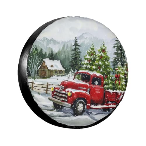 Image of Watercolor Christmas Red Truck Spare Tire Cover for Rv Trailer Camper- Cute Xmas Winter Waterproof Wheel Protectors Cover Universal Fit for Truck SUV Travel New Year Outdoor-14 inch