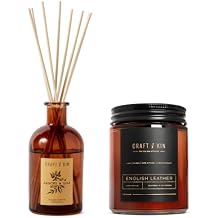 English Leather Candle & Jasmine Lily Reed Diffuser Set for Home Fragrance | Amber Jar Candles for Men & Women and Fragrance Diffuser Sticks| Soy Candles for Home Scented Reed Diffusers with Sticks