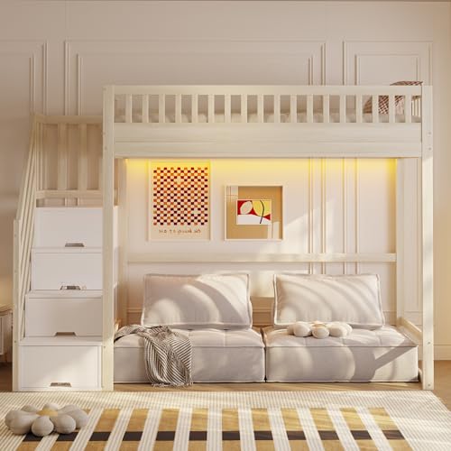 Kebnor Cama alta con escalera de seguridad, barandilla de seguridad, marco de cama de madera de pino maciza, barra de luces LED, escaleras de seguridad intercambiables en ambos lados, cuna (color