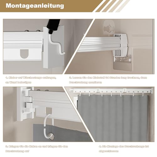 Faltbare Duschvorhangstange Ohne Bohren, 4-fach Faltbar & Drehbar, Aluminiumlegierung, mit 180 x 200 cm Wasserdichtem Antischimmel Duschvorhang, Für Badezimmer Badewanne (Weiß/Grau)