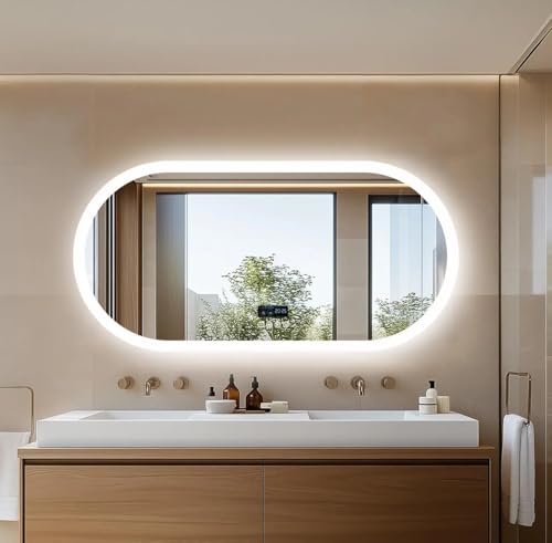 SYBESTE Oval LED Bathroom Mirror, Wall-Mounted with Bluetooth Speaker, Digital Display, Vanity Mirror, Smart Makeup Mirror, 80/120cm (47.24x23.62 inch)
