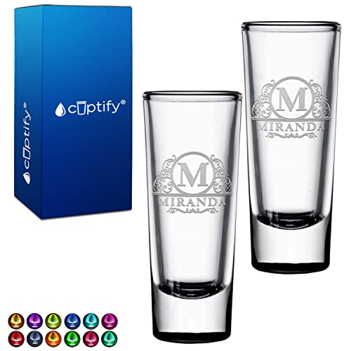 Custom Glasses Elaborate Circle Name 2 oz Black Bottom Etched Tall Shot Glass for Tequila Engraved with Personalized Text Birthday Gift for Men and Women - Set of 2