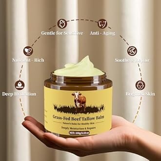 Beef Tallow for Skin, Tallow and Honey Balm, Facial Moisturizer Cream, 100% Organic Grass Fed Whipped Beef Tallow Balm Deeply Moisturizing for Face & Body, Suitable For All Skin Types(3.53oz)