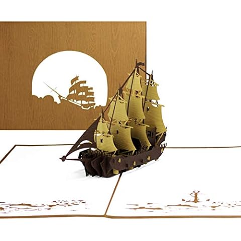 Pop Up Card"Sailing - Fourmaster" 3D Card with Envelope and Special Paper with Wood Grain - Travel Voucher & Boat 3D Birthday Card & Greeting Card with Sailing Boat Cover
