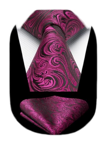 Image of HISDERN Extra Long Ties for Men Classic Floral Tie and Pocket Square Elegant Silk Necktie Handkerchief Set Wedding Party