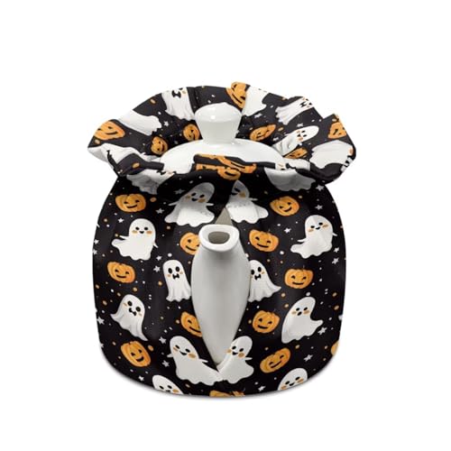 Image of Ghost Pumpkin Teapot Dust Cover, Portable Premium Fabric Tea Cosy with Drawstring Breakfast Warmer Insulation and Keep Warm, Kitchen Thanksgiving Decor