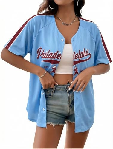 Baseball Jersey Women Game Day Shirt Baseball Player Graphic Tees Button up Short Sleeve Fan Tops Blue