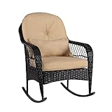 BAIJIAWEI B Outdoor Wicker Rocking Chair All Weather Wicker Rocker Chair with Cushions for Garden Patio Yard Porch Lawn Balcony Backyard (1PCS-Black Wicker-Khaki)