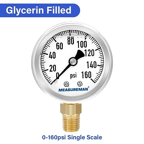 MEASUREMAN 2" Dial Size, Glycerin Filled Plumbing Pressure Gauge, 0-160psi, Black Steel Case, 1/4" NPT Lower Mount