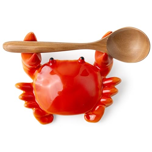 Coffee Spoon Rest for Countertop, Tiny Ceramic Crab Spoon Rest for Lightweight Spoon, Cute Spoon Holder for Kitchen Counter, Suit for Flatware, Heat-Resistant, Microwave-safe Kitchen Decor (Red)