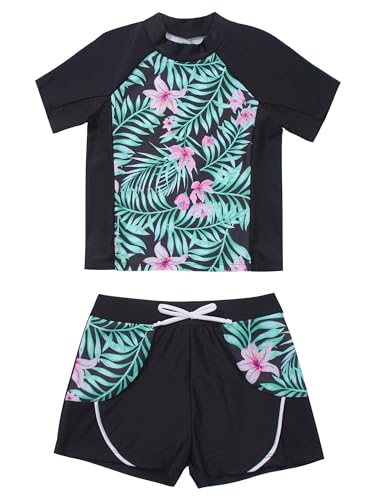 Yruioon Kids Girls Swimming Costume Two Pieces Swimwear Shirt with Boyshorts Tankini Set Rashguard Swimsuit Black 15-16 Years