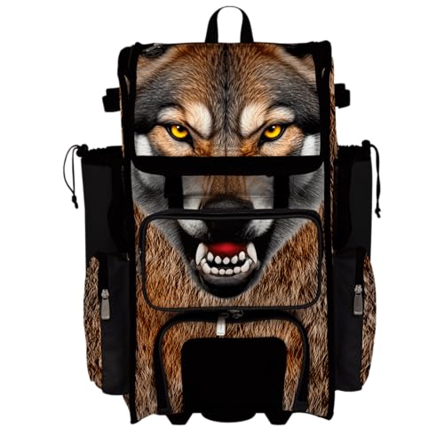 Boombah Rolling Superpack Baseball/Softball Gear Bag - Telescopic Handle - Holds 4 Bats - Wheeled Version - Wolf Black/Brown/White