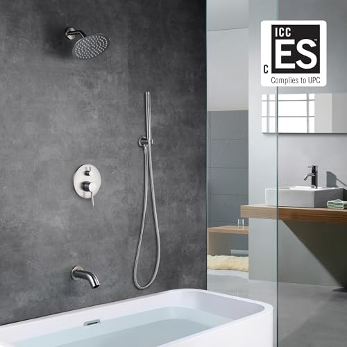 Image of SUMERAIN Brushed Nickel Shower System with Waterfall Tub Spout | 8 inch Stainless Steel Rain Shower, Brass Handheld Shower, Brass Rough in Valve, Concealed Box Design