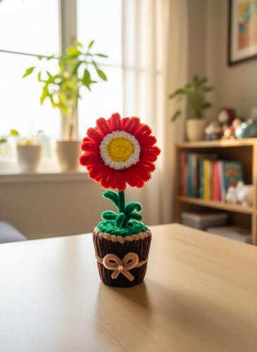 Image of Handmade Artificial Flower Pot for Home Decor | Cute Fuzzy Wire Pipe Cleaner Flower Plant | Aesthetic Tabletop Decorative Pot for Home, Office & Gifting (Soft Bloom :- White-Red)