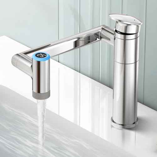 Grifo de Baño con Indicador de Temperatura (sin Pilas), Grifo de Lavabo Giratorio 1080°, Grifos de Altura Ajustable, Grifo para Lavabo con Dos Modos de Flujo