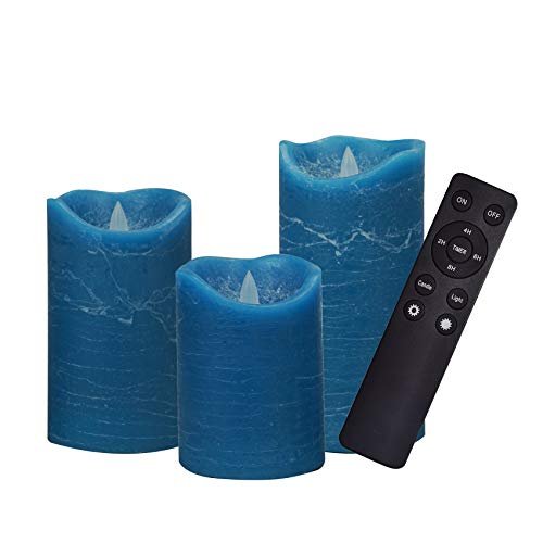 3 Pack Real Wax Flameless Candles Battery Operated LED Pillar Flickering Realistic Electric Candle Gift Sets with Remote Control and Cycling 24 Hours Timer 3”D X 4 5 6 H (Blue)