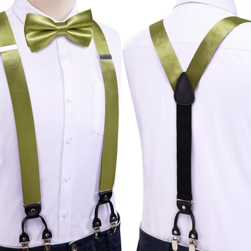 Image of Hi-Tie Olive Green Satin Suspender Bowtie Set for Men Suspenders Pre-tied Bow Tie Pocket Square Cufflinks Adjustable Y Shape 6 Clips Braces Tuxedo