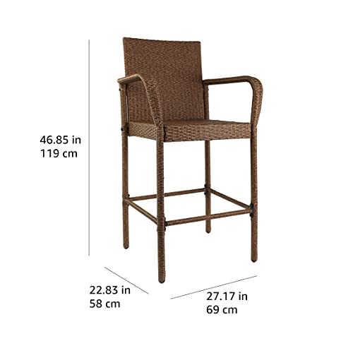 Amazon Brand - Ravenna Home Set Of 2 Outdoor Patio High-Back Barstools With Arms, Weather Resistant Pe Rattan Wicker, Brown, 26.2" X 22.8" X 46.85" #TOP3