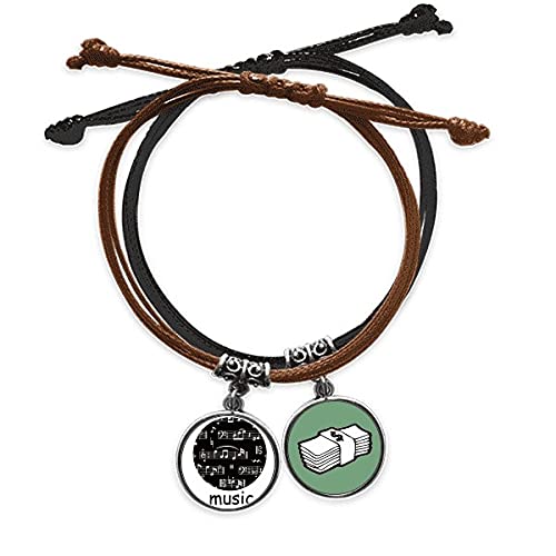 Pulsera de cuero con notas musicales brazalete negro y blanco ajustable