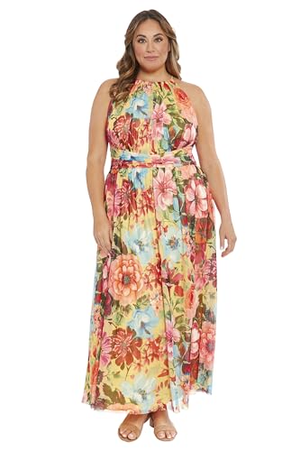 Image of London Times Women's London Times Mesh Halter Maxi Dress with Ruched Waistband Flowy Bohemian Beach Dresses